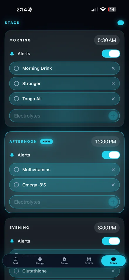 Stack tab: morning, afternoon and evening reminder lists